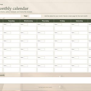 Op de afbeelding: Een maandelijkse kalenderplannerpagina met de titel Peace of Mind Home File. De lay-out bevat een raster met kolommen van maandag tot en met zondag, lege vakjes voor datums en een sectie onderaan met het label My focus for this month. Het ontwerp is wit met donkergroene koppen en zwarte tekst.