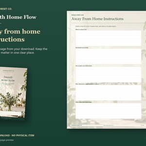 Away From Home Instructions worksheet with spaces for household notes, pet care, expected visits and key locations, beside the floral planner cover.