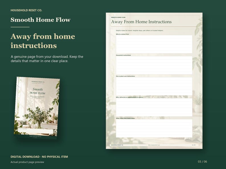 Away From Home Instructions worksheet with spaces for household notes, pet care, expected visits and key locations, beside the floral planner cover.