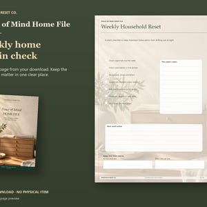 Actual guide page preview showing a weekly household checklist and notes. Shown beside the original cover on a coordinated dark background.