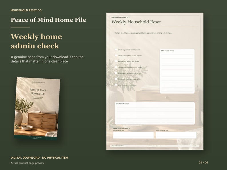 Actual guide page preview showing a weekly household checklist and notes. Shown beside the original cover on a coordinated dark background.