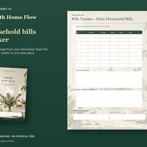 Cream household bills tracker with columns for bill, provider, amount, due date and payment method, plus notes, beside the floral planner cover on dark green.
