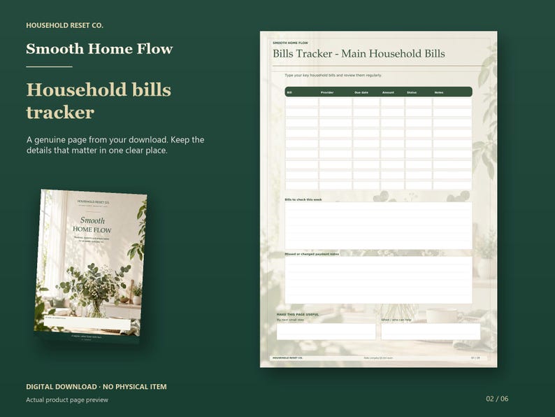 Cream household bills tracker with columns for bill, provider, amount, due date and payment method, plus notes, beside the floral planner cover on dark green.