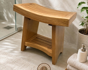 Everwood Teak Shower Stool Curved Seat Durable Bathroom Bench Sturdy Wood