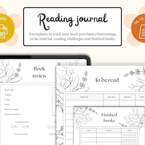 Peut inclure: Un journal de lecture imprimable comprenant 9 modèles pour suivre les achats, les emprunts, les listes de lecture et les défis littéraires. Les pages présentent des bordures florales en noir et blanc et des sections pour les critiques et les livres lus.