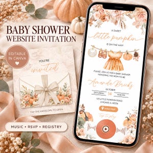 Puede incluir: Una invitación digital para baby shower mostrada en la pantalla de un teléfono y una tarjeta cuadrada, con ilustraciones en acuarela de calabazas, flores y ropa de bebé en un tendedero, incluyendo el texto A SWEET little pumpkin IS ON THE WAY.