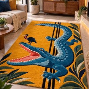 Op de afbeelding: Een rechthoekig vloerkleed met een levendige mosterdgele achtergrond en een grote blauwe krokodilillustratie. De krokodil heeft een open bek met een roze binnenkant en een kleine zwarte vogel die op zijn snuit zit. Drie zwarte verticale strepen.