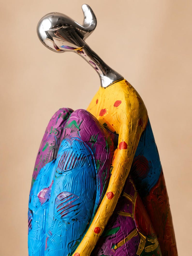 Puede incluir: Una escultura de una figura con cabeza y cuello de plata pulida, inclinada hacia adelante. El cuerpo est&aacute; pintado en amarillo, azul y morado vibrantes con pinceladas texturizadas y lunares rojos, mostrando una postura sentada con rodillas.
