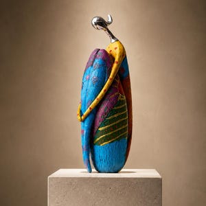 Puede incluir: Una escultura estilizada de una figura con cabeza y cuello de plata pulida, con un cuerpo adornado con patrones vibrantes y multicolores que incluyen azul, amarillo, morado y verde con puntos rojos, representada en una postura sentada y abrazada.