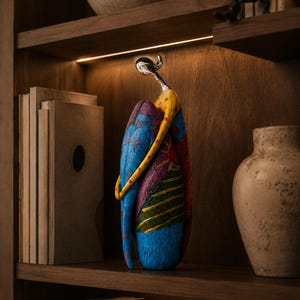 Puede incluir: Una escultura decorativa que presenta una figura estilizada con cabeza y cuello de plata lisa, abrazando un cuerpo grande, texturizado y de forma ovalada, pintado en tonos vibrantes de azul, amarillo, rojo y verde con patrones.