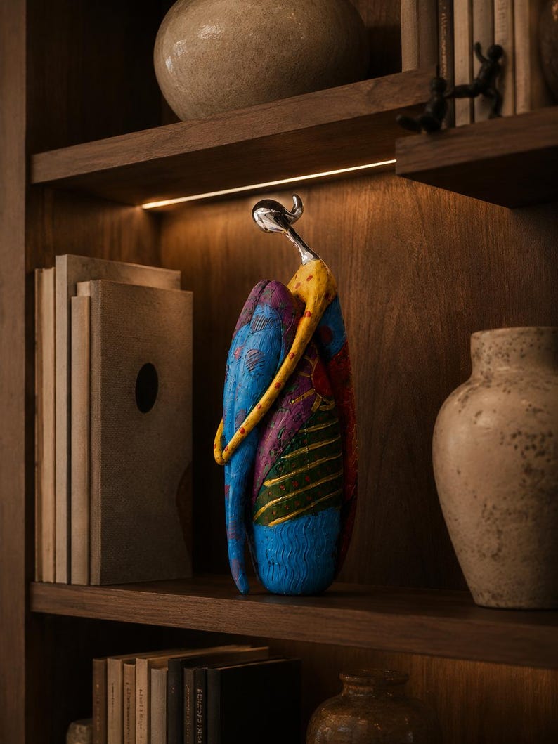 Puede incluir: Una escultura decorativa que presenta una figura estilizada con cabeza y cuello de plata lisa, abrazando un cuerpo grande, texturizado y de forma ovalada, pintado en tonos vibrantes de azul, amarillo, rojo y verde con patrones.