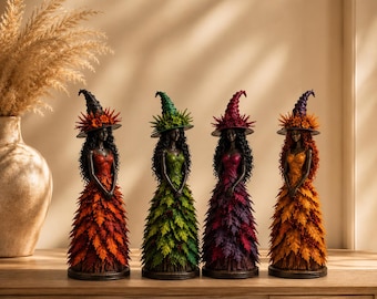 Figura de bruja otoñal hecha a mano / Vestido de hojas, sombrero puntiagudo, decoración otoñal