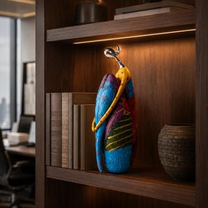 Puede incluir: Una escultura estilizada de una figura con cabeza plateada y cuerpo texturizado multicolor en tonos azul, amarillo, rojo y verde. La figura est&aacute; colocada sobre un estante de madera junto a varios libros y un recipiente de cer&aacute;mica oscuro.