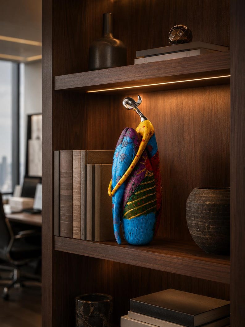 Puede incluir: Una escultura estilizada de una figura con cabeza plateada y cuerpo texturizado multicolor en tonos azul, amarillo, rojo y verde. La figura est&aacute; colocada sobre un estante de madera junto a varios libros y un recipiente de cer&aacute;mica oscuro.