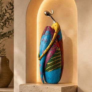 Puede incluir: Una escultura decorativa de una figura estilizada con cabeza y cuello de color plata liso. El cuerpo est&aacute; pintado en secciones vibrantes de azul, amarillo, magenta y verde, con patrones texturizados que incluyen l&iacute;neas onduladas y puntos.