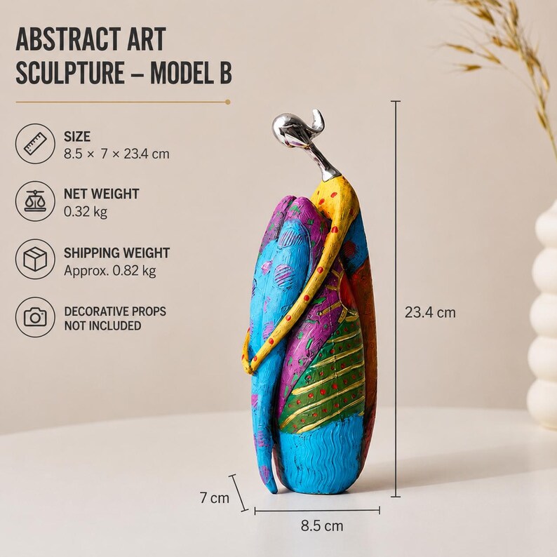 Puede incluir: Una escultura de arte abstracto, modelo B, con una figura estilizada de cabeza plateada y cuerpo colorido. La escultura mide 8,5 x 7 x 23,4 cm y tiene un peso neto de 0,32 kg. La superficie muestra patrones en azul, amarillo, morado y verde.