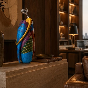 Puede incluir: Una escultura abstracta alta que presenta una figura estilizada con una cabeza lisa de tono plateado y un cuerpo pintado en secciones vibrantes y multicolores de azul, amarillo, morado y verde con patrones texturizados y puntos rojos.