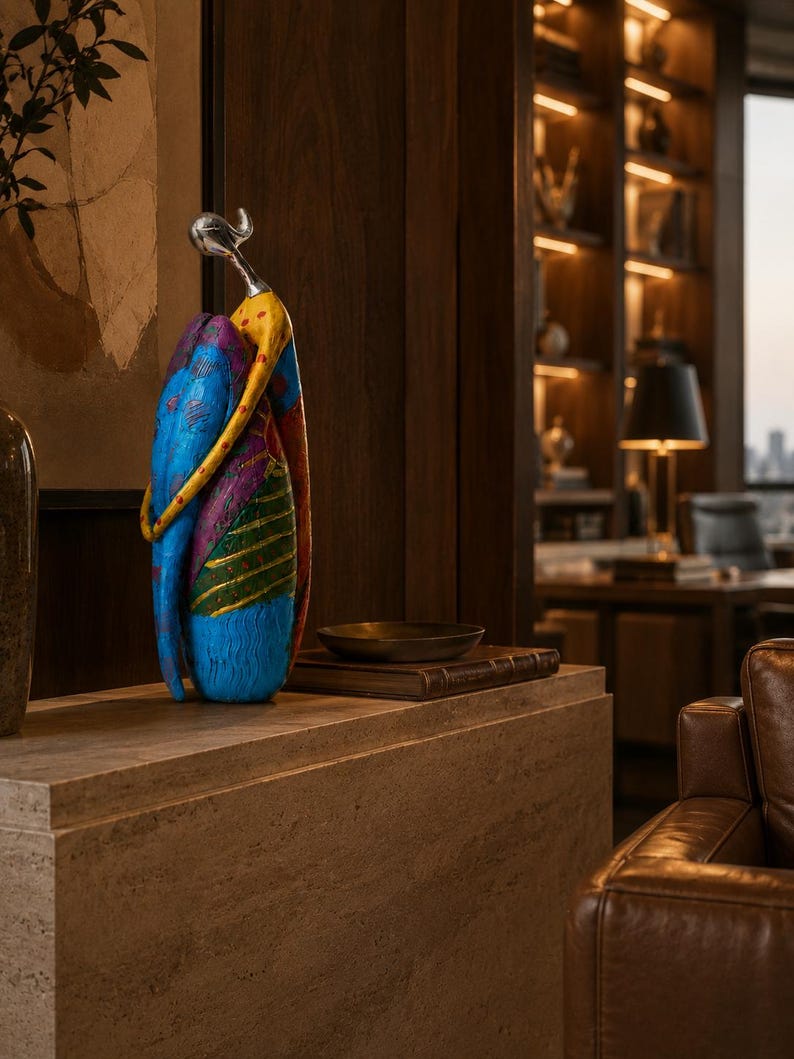 Puede incluir: Una escultura abstracta alta que presenta una figura estilizada con una cabeza lisa de tono plateado y un cuerpo pintado en secciones vibrantes y multicolores de azul, amarillo, morado y verde con patrones texturizados y puntos rojos.