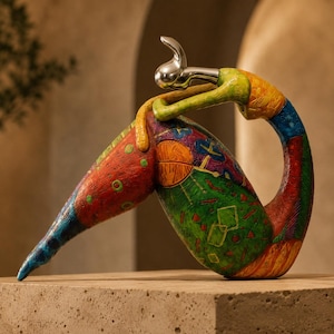 Op de afbeelding: Een sculptuur van een zittende figuur met een glad zilveren hoofd en een getextureerd, veelkleurig lichaam. Het oppervlak bevat levendige patronen in rood, groen, blauw en oranje, met geometrische vormen en cirkelvormige motieven op de vorm.