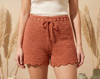 Patroon gehaakte shorts pdf, boho hoge taille geschulpte festivalshort, trekkoord, Amerikaanse voorwaarden