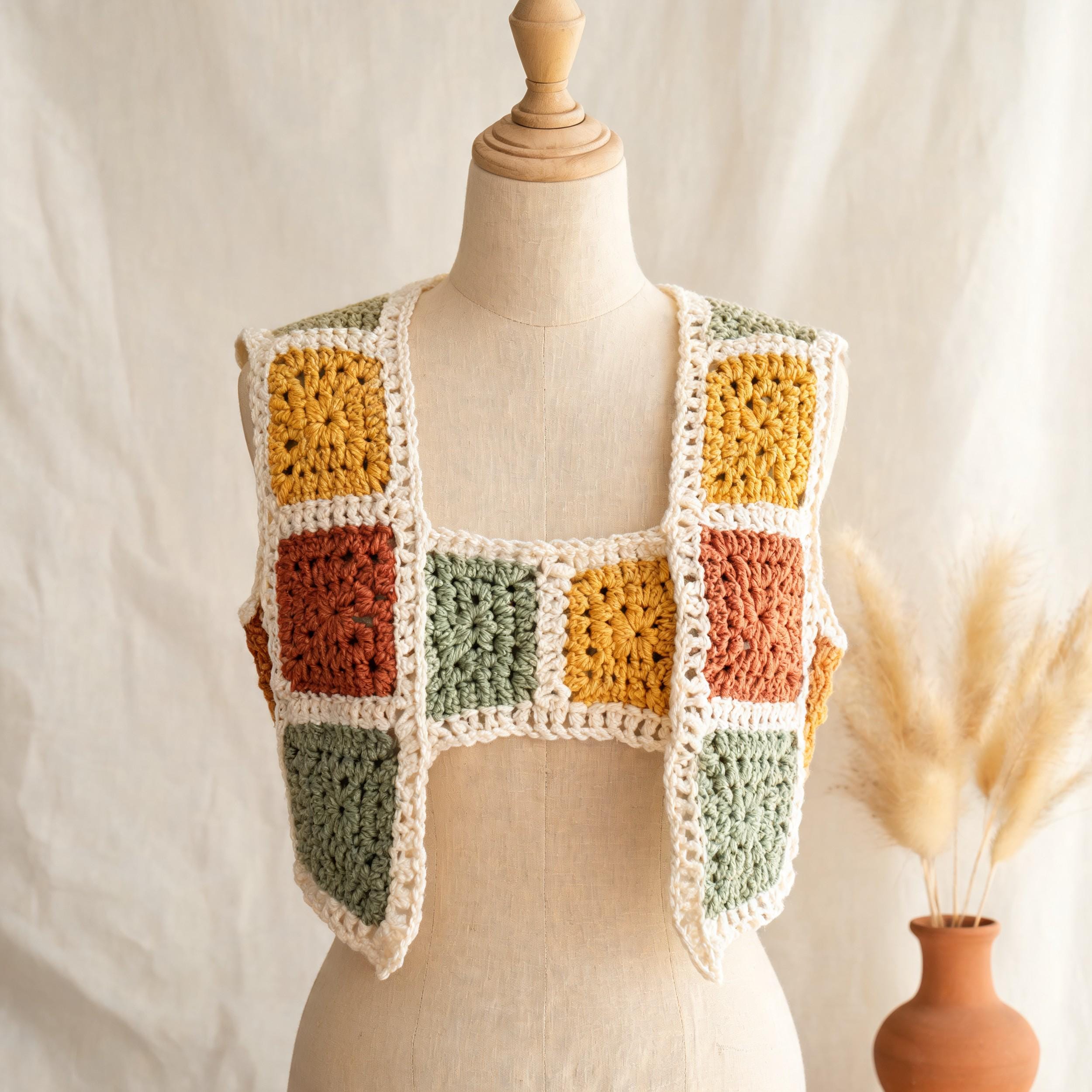 30 Granny Square Vest Crochet Patterns for Retro Layers, Boho Vests, and Handmade Gifts 33 Cropped Boho Granny Square Vest