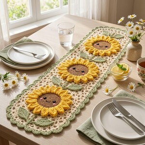 Può includere: Un runner da tavola rettangolare all'uncinetto con tre grandi girasoli gialli con centri marroni e volti sorridenti. Il runner ha una base in pizzo color crema con un bordo smerlato verde salvia e foglie verdi all'uncinetto su ogni fiore.