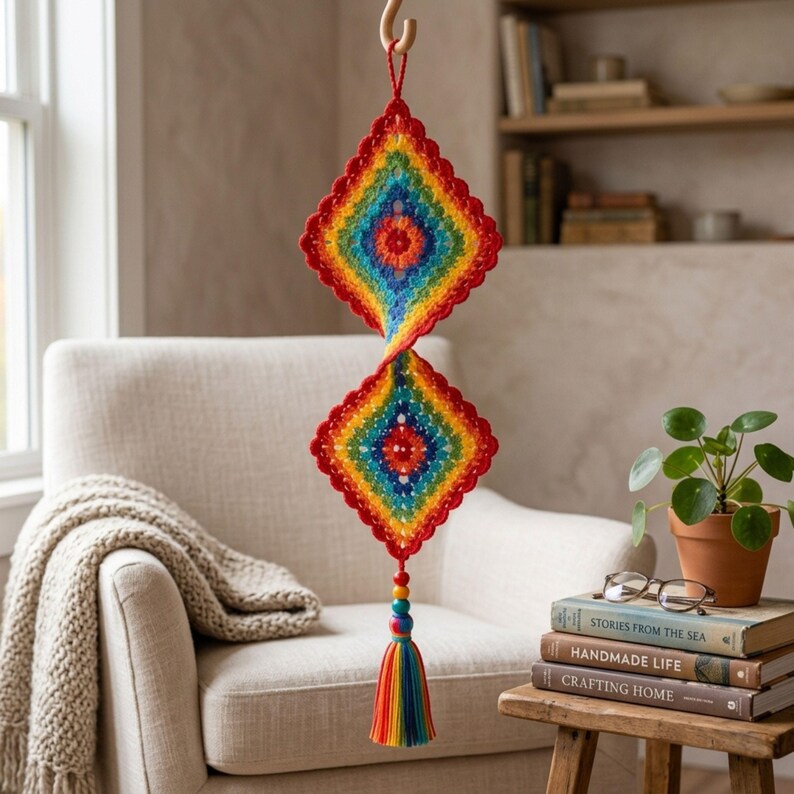 Crochet Wind Spinner Pattern PDF, Colorful Double Diamond Hanging Decor, Rainbow Granny Square Ornament