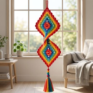 Crochet Wind Spinner Pattern PDF, Colorful Double Diamond Hanging Decor, Rainbow Granny Square Ornament
