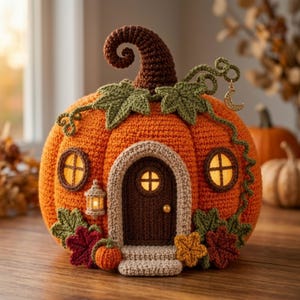 May include: A crocheted orange pumpkin house featuring a dark brown stem, green leaves, and vines. The house has a central arched door, two round windows, and a small lantern, all illuminated from within. A gold crescent moon charm hangs from a vine.