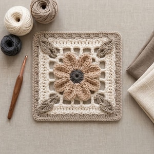 May include: A square crochet motif featuring a central beige flower with a dark gray center, surrounded by a cream-colored grid pattern and four beige leaf accents. The piece is accompanied by a wooden crochet hook and balls of yarn.
