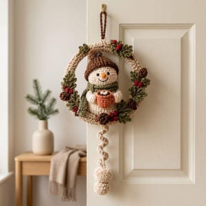 May include: A crocheted snowman wall hanging featuring a beige circular wreath adorned with green leaves, red berries, and brown pinecones. The snowman wears a brown hat and green scarf, holding a mug with marshmallows, with a spiral tail.