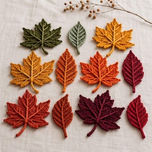 Pode incluir: Uma coleção de onze folhas feitas em crochê em várias cores de outono, incluindo verde escuro, amarelo, laranja, vermelho e bordô profundo. O conjunto apresenta folhas tipo bordo e folhas ovais alongadas com textura de fio visível.