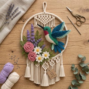 May include: A macrame wall hanging featuring a crocheted hummingbird with green, blue, and red yarn, alongside pink roses, white daisies, and purple lavender sprigs. The piece includes a cream-coloured ring, fringe, tassels, and a tag labelled G Garden Jewel.