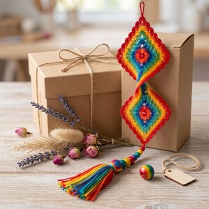 Crochet Wind Spinner Pattern PDF, Colorful Double Diamond Hanging Decor, Rainbow Granny Square Ornament