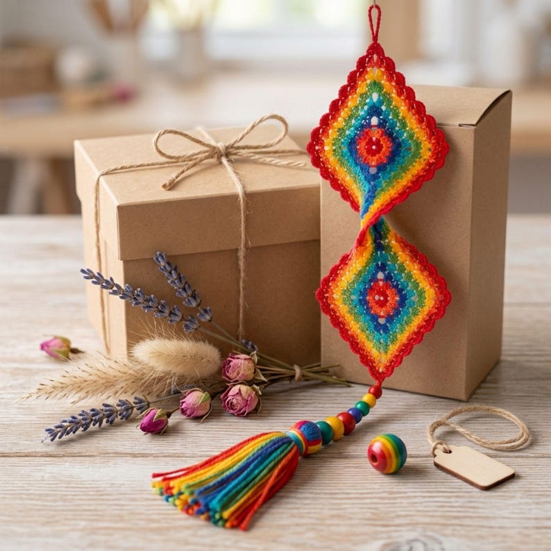 Crochet Wind Spinner Pattern PDF, Colorful Double Diamond Hanging Decor, Rainbow Granny Square Ornament
