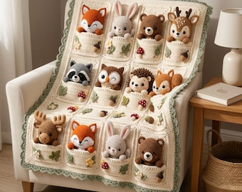 May include: A cream-colored crochet blanket featuring a grid of pockets, each containing a small stuffed animal including a fox, rabbit, bear, deer, raccoon, owl, hedgehog, squirrel, and moose, accented with crocheted leaves, flowers, and mushrooms.