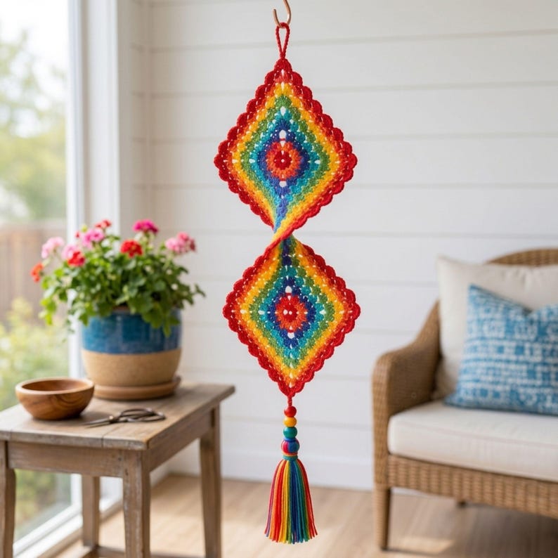 Crochet Wind Spinner Pattern PDF, Colorful Double Diamond Hanging Decor, Rainbow Granny Square Ornament