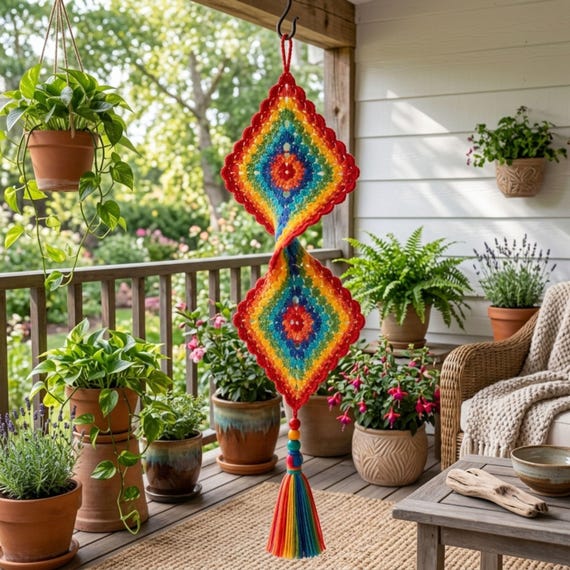 Crochet Wind Spinner Pattern PDF, Colorful Double Diamond Hanging Decor, Rainbow Granny Square Ornament