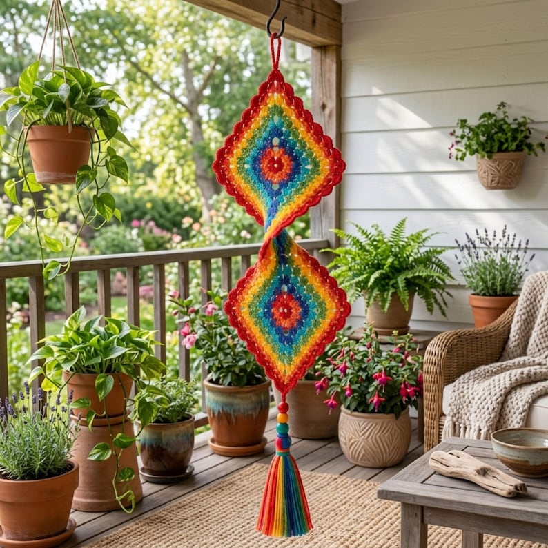 Crochet Wind Spinner Pattern PDF, Colorful Double Diamond Hanging Decor, Rainbow Granny Square Ornament