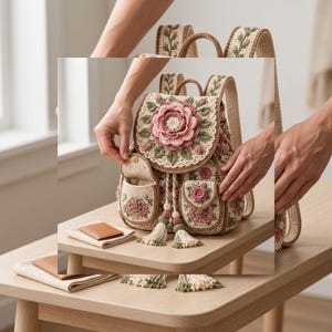 May include: A beige crochet backpack featuring a large, dimensional pink flower on the flap, smaller floral motifs on the front pockets, and green leaf accents. The bag includes a drawstring closure with tassels and adjustable shoulder straps.