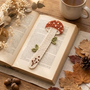 Patrón de marcapáginas de seta a crochet en PDF, regalo para amantes de los libros con temática de bosque, tutorial de crochet sencillo de estilo cottagecore.