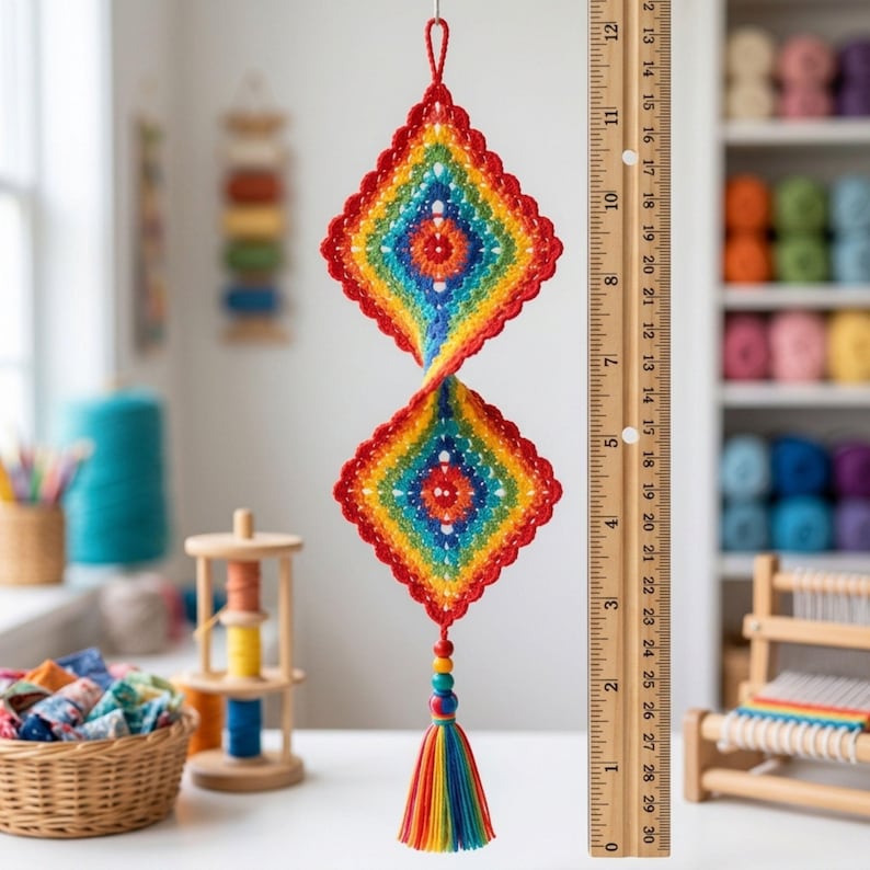 Crochet Wind Spinner Pattern PDF, Colorful Double Diamond Hanging Decor, Rainbow Granny Square Ornament