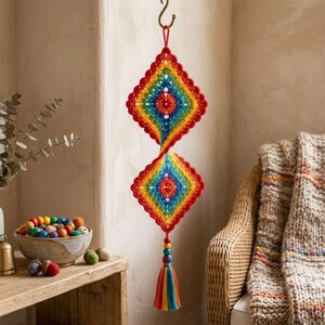 Crochet Wind Spinner Pattern PDF, Colorful Double Diamond Hanging Decor, Rainbow Granny Square Ornament