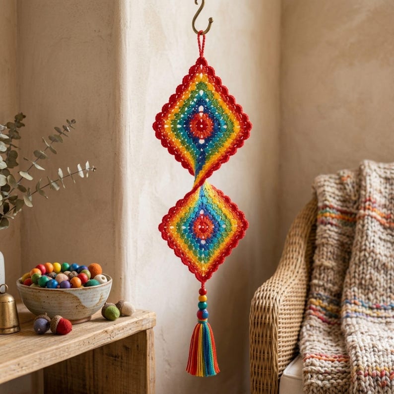 Crochet Wind Spinner Pattern PDF, Colorful Double Diamond Hanging Decor, Rainbow Granny Square Ornament