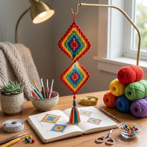 Crochet Wind Spinner Pattern PDF, Colorful Double Diamond Hanging Decor, Rainbow Granny Square Ornament