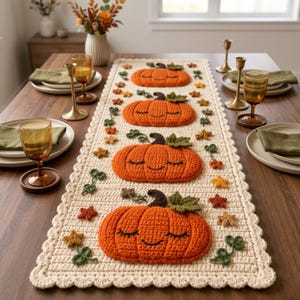 Peut inclure: Un chemin de table en crochet couleur crème orné de quatre citrouilles orange avec des yeux fermés et des sourires brodés, agrémenté de petites feuilles vertes et d'étoiles multicolores avec une bordure festonnée.