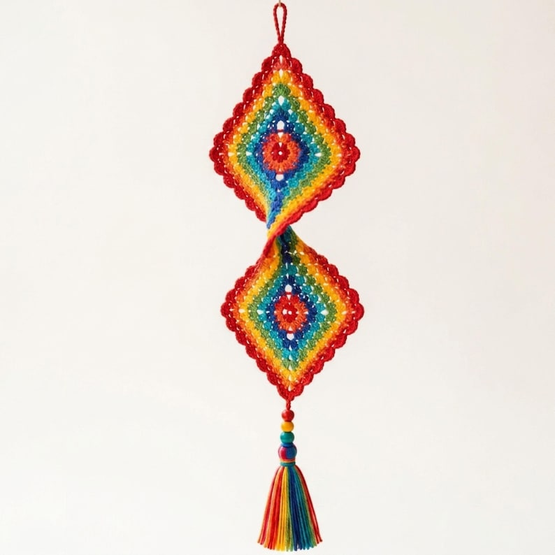 Crochet Wind Spinner Pattern PDF, Colorful Double Diamond Hanging Decor, Rainbow Granny Square Ornament