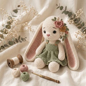 Puede incluir: Una muñeca de conejo tejida a ganchillo de color crema con orejas largas que presentan paneles interiores rosas. El conejo lleva un vestido tejido de color verde salvia y tiene un grupo de pequeñas flores de tela en una oreja. Un ganchillo de madera y ovillos están cerca.