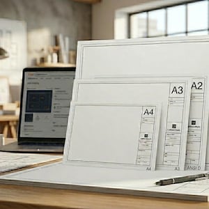 Peut inclure: Un ensemble de feuilles de dessin architectural blanches disposées en cascade, présentant des tailles clairement étiquetées, notamment A1, A2, A3, A4, ANSI D et ARCH E. Chaque feuille comprend un cartouche standard avec des champs de texte.