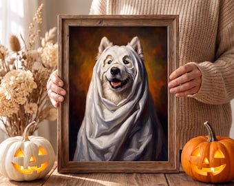 Op de afbeelding: Een rechthoekige houten lijst met een portret van een witte hond die een wit laken over zijn kop draagt als een spookkostuum. De hond heeft donkere ogen, een zwarte neus en een open bek die de tong laat zien tegen een donkere achtergrond.